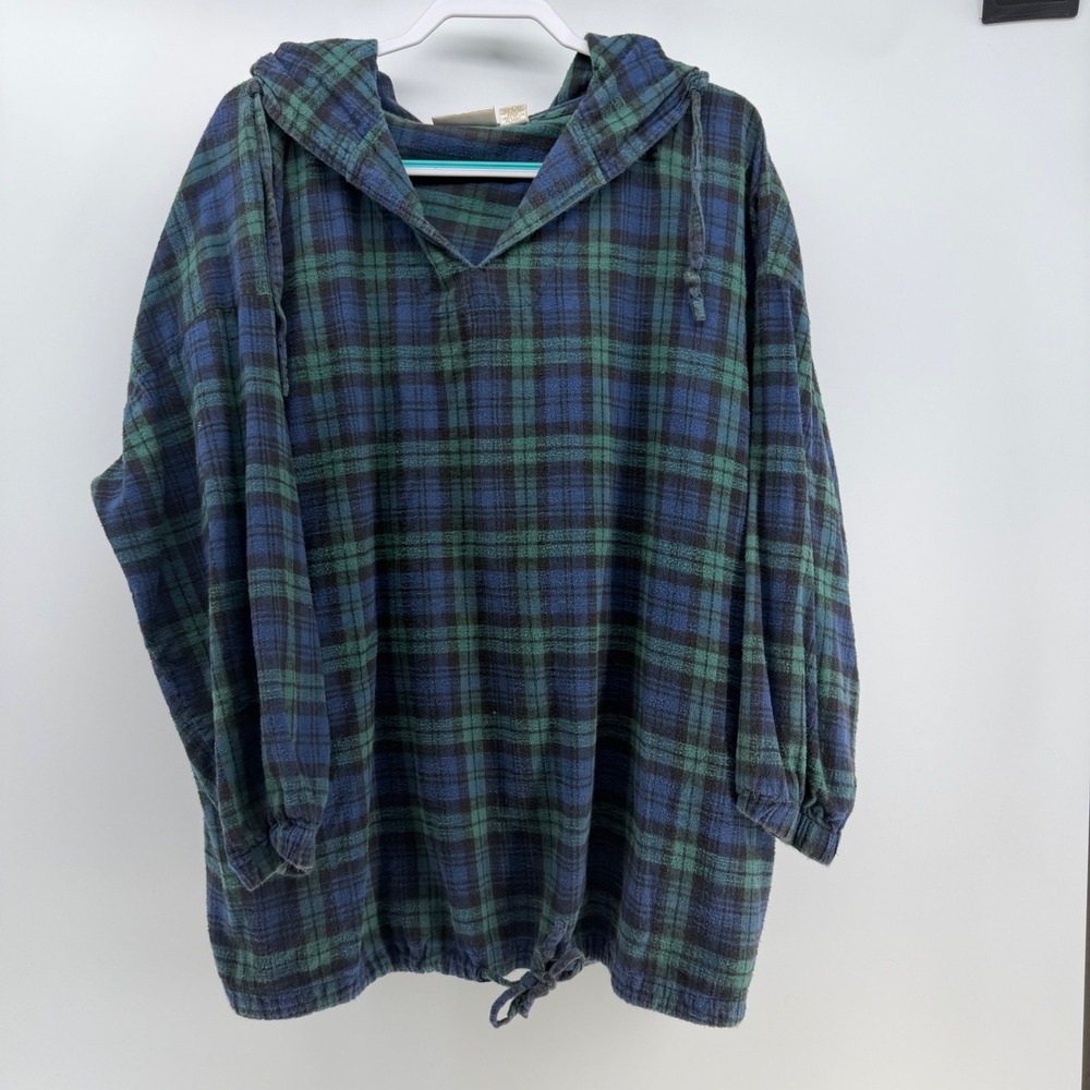 Solange Hooded Flannel Pullover Women 26/28 Blue Green Plaid Grunge Gorpcore 3X